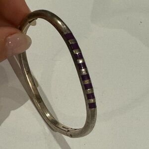 TAXCO Mexico 925 Sterling silver purple stone / enamel inlay hinged bracelet 28g